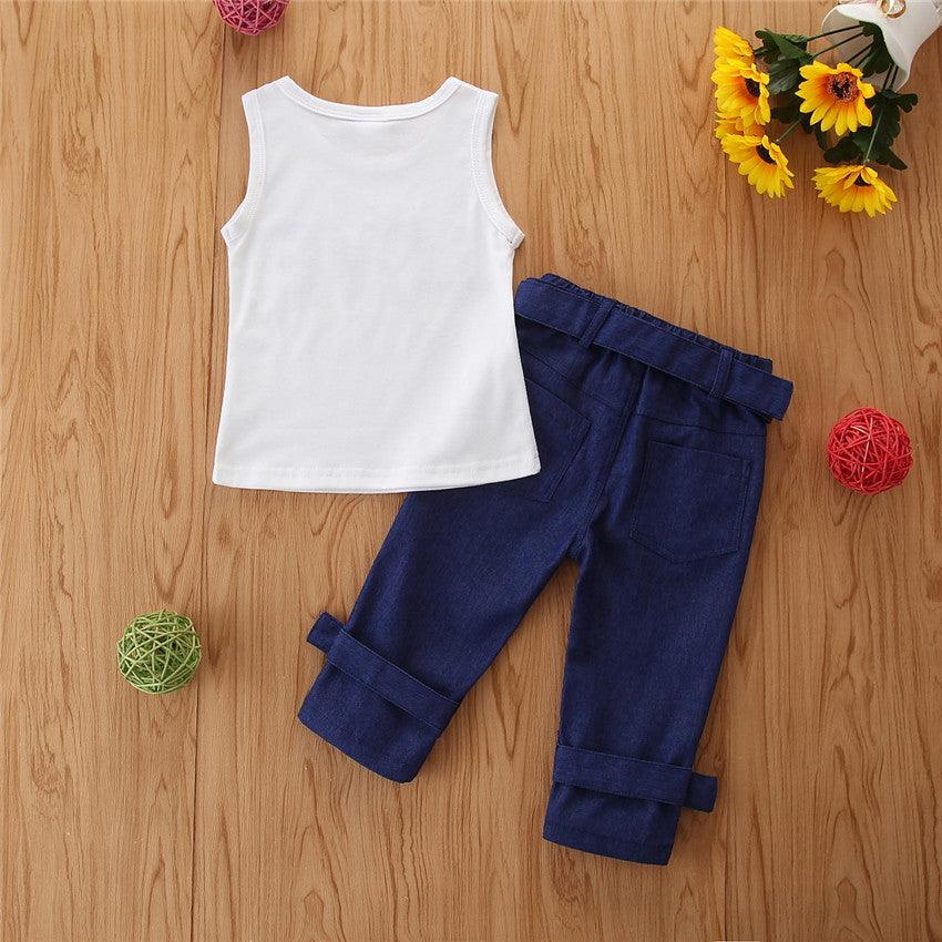 2021 LOVE LetterS Sleeveless Girl Children Top + Jean Trouser Wholesale - PrettyKid