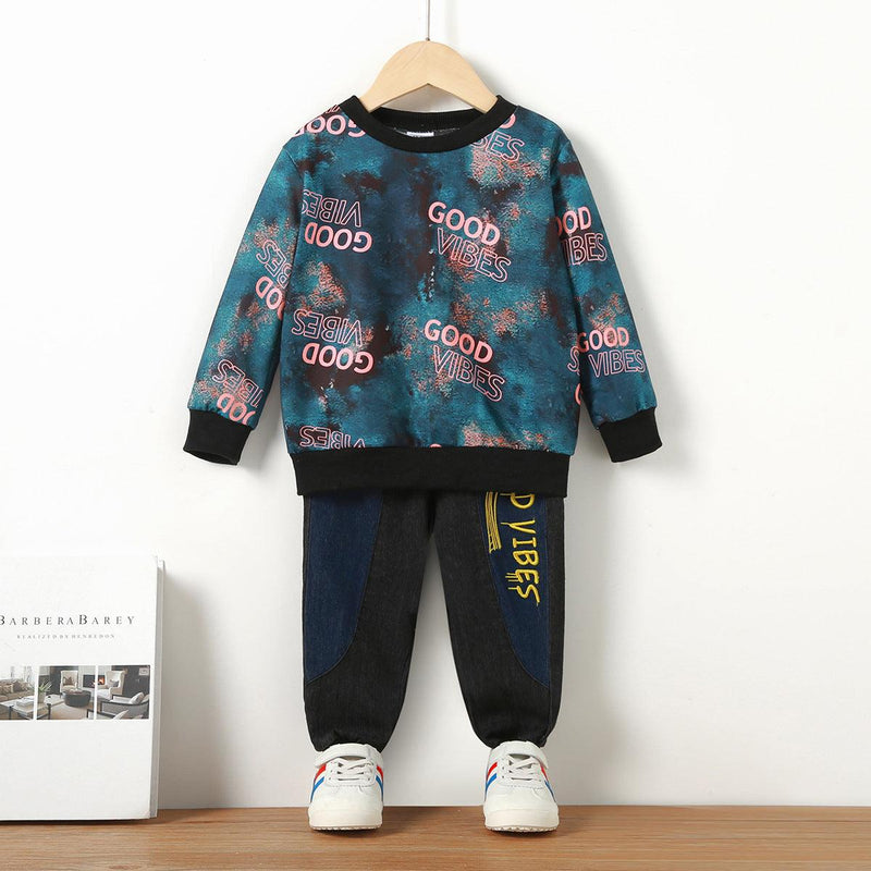 Toddler Kids Boys Tie-dye Letter Print Sweater Long-sleeved Pants Set - PrettyKid