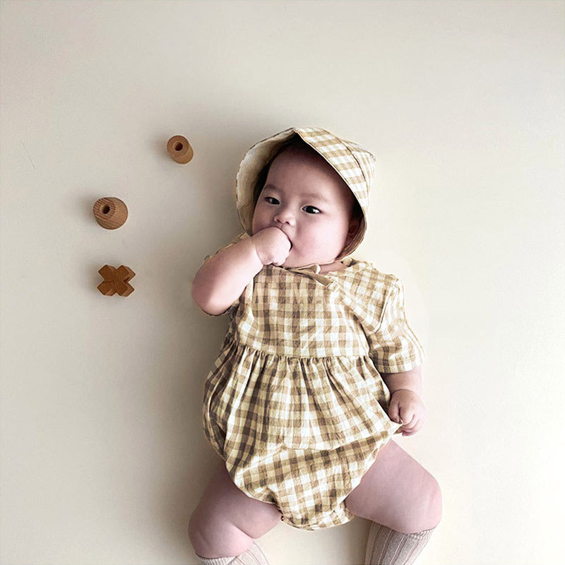 2022 Summer Children's Clothing Fresh Color Big Plaid Baby Jumpsuit Baby Farting Clothes Baby Crawling Clothes Hat - PrettyKid