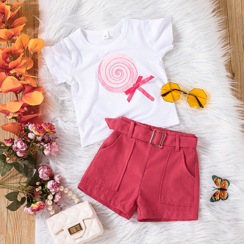 Toddler Kids Girl Solid Color Lollipop Printed Short Sleeved Shirt Shorts Set - PrettyKid