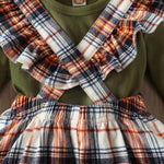 Toddler Girl Solid Color Long Sleeve Round Neck T-shirt Plaid Straps Skirt Set - PrettyKid