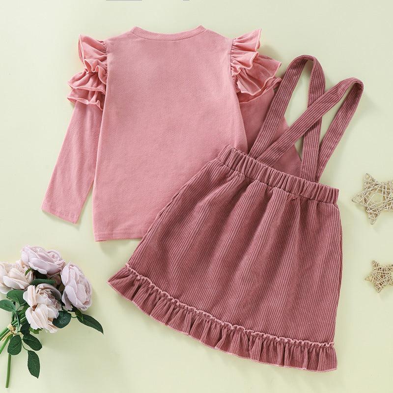 Toddler Kids Girl Solid Color Letter Print Long-sleeved Top Corduroy Straps Straps Skirt Set - PrettyKid