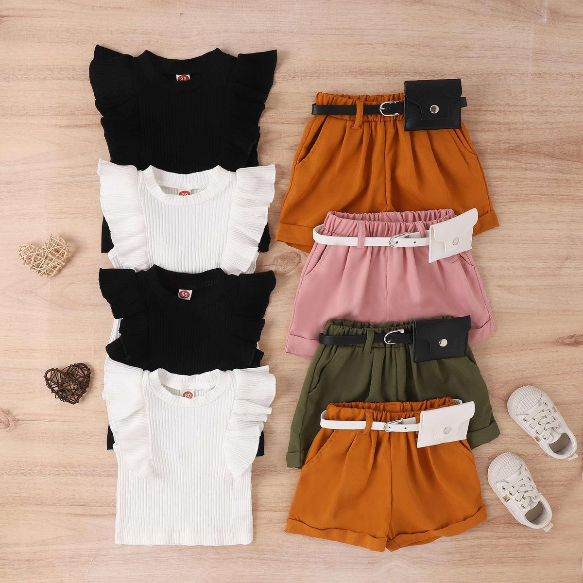 Spring and Summer Cotton Pit Strip Flying Sleeve Top Solid Color Shorts with Waist Bag Girls Suit