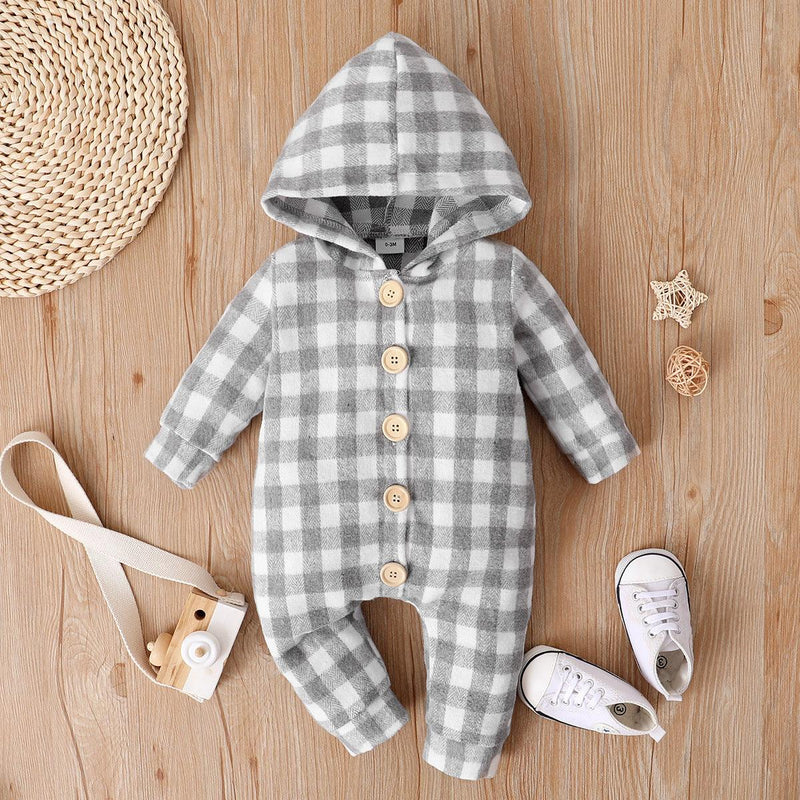 Baby Boys Girls Plaid Print Hooded Long Sleeved Jumpsuit - PrettyKid