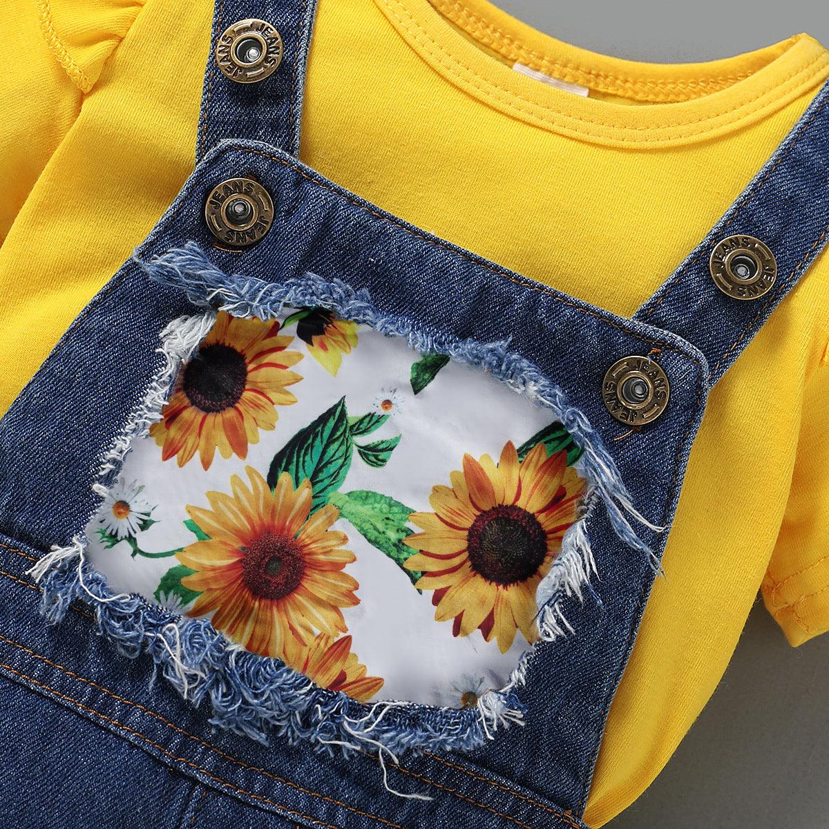 Toddler Kids Girls Solid Color Short Sleeve Top Sunflower Print Suspender Pierced Jeans Set - PrettyKid