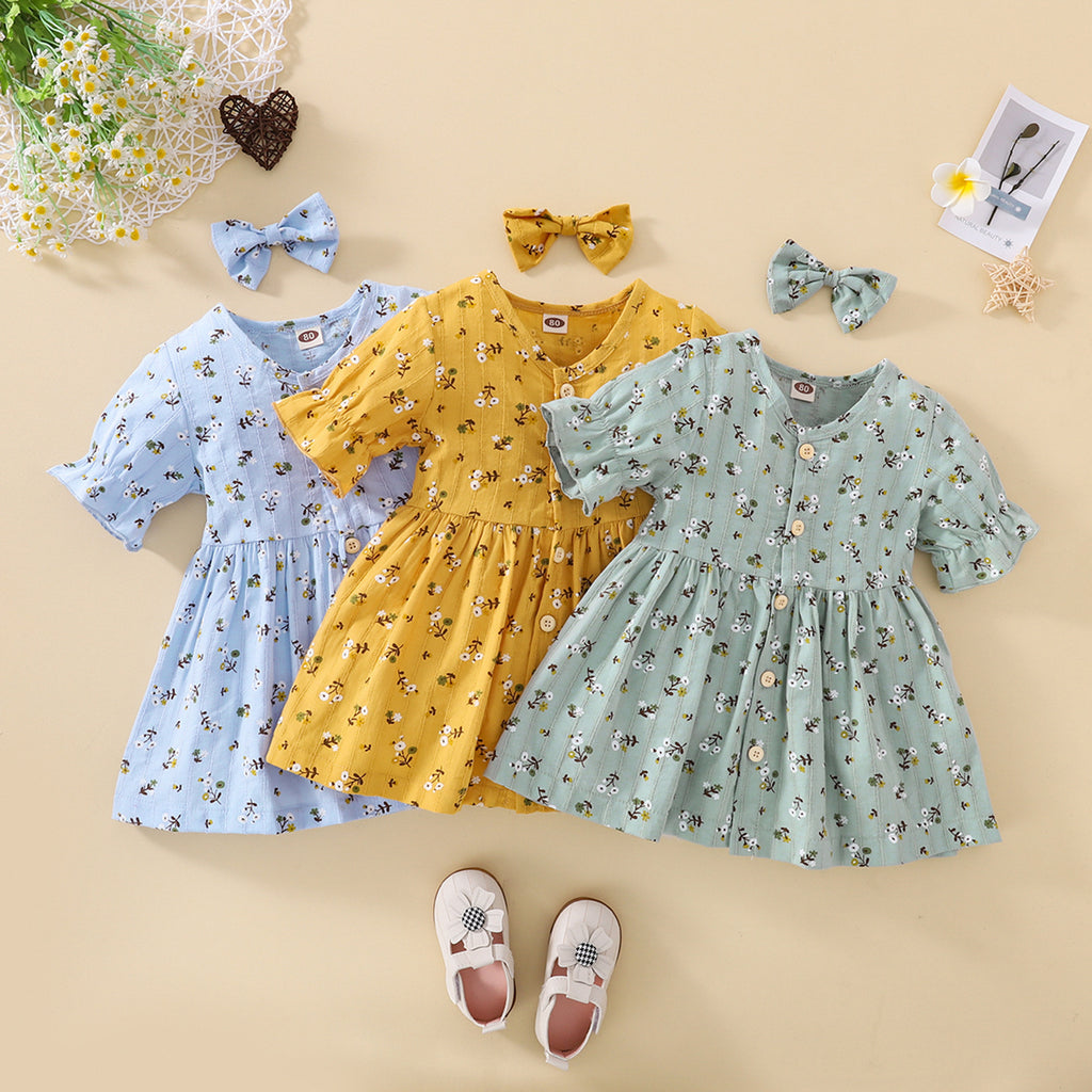 9M-4Y Baby Girl Casual Dresses Printed Flared Short Sleeve V-Neck Bow Wholesale Baby Boutique Clothing - PrettyKid