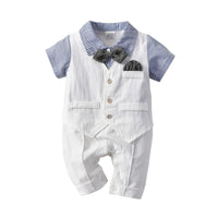 Baby Boys' Solid Color Fake Two-piece Waistcoat Bow Tie Gentleman's Short Sleeve Jumpsuit - PrettyKid