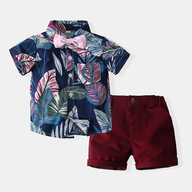 Short Sleeve Tropical Leaf Shirt Casual Shorts Suit - PrettyKid