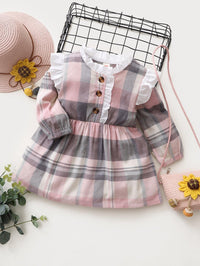 Toddler Girls Long Sleeve Pink Plaid Printed Ruffle Lovely Dress - PrettyKid