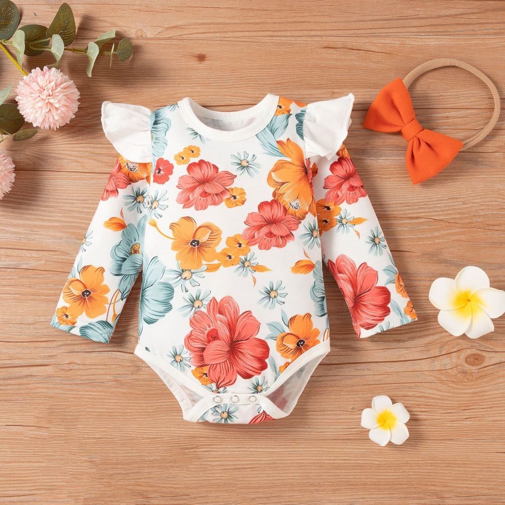 Baby Girls Long Sleeved Floral Print Bodysuit Solid Color Suspender Skirt Set Baby Girl Wholesale Clothing - PrettyKid