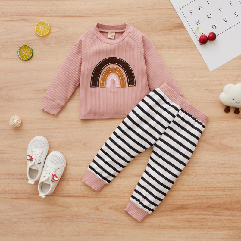 Toddler Girls Sports Pullover Rainbow Sweater Pants Set - PrettyKid