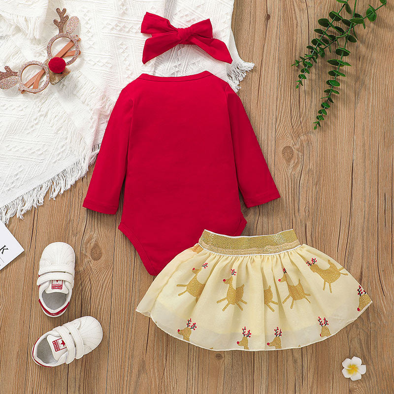 Baby Girls Christmas Long Sleeve Jumpsuit Mesh Skirt Set - PrettyKid
