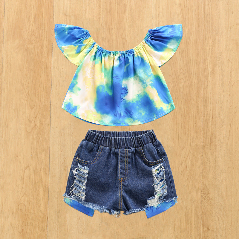 Toddler Kids Girls Color Tie Dyed Off Shoulder Top with Holes Denim Shorts Set - PrettyKid