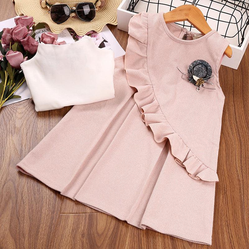 Toddler Kids Girl's Solid Color Long Sleeve Sweater Ruffle Strap Skirt Set - PrettyKid