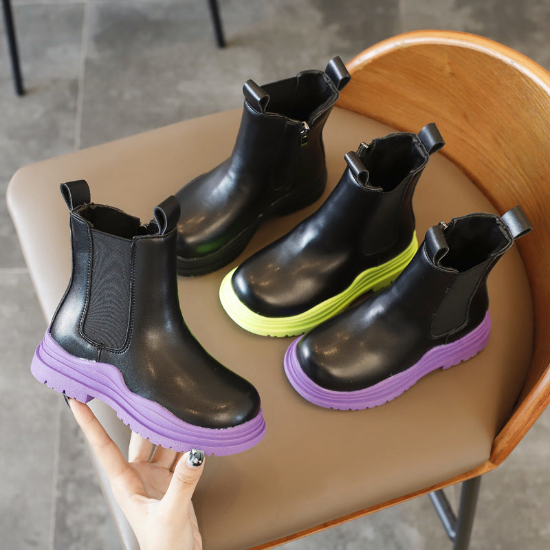 Children's Boys Girls Color Blocking Short Boots PU Leather Children's Martins - PrettyKid