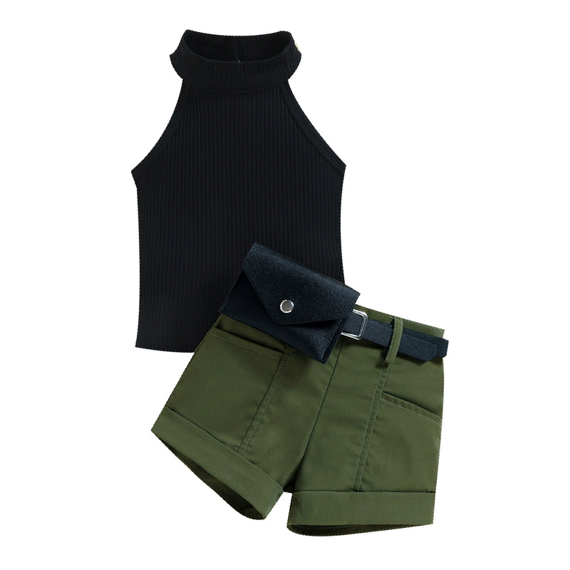Girls' Neck Hole Top, Shorts, Waist Bag, Three-piece Suit