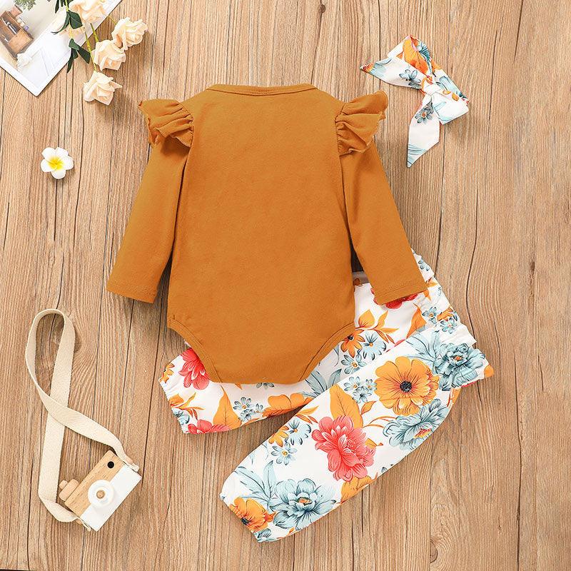 Baby Girls Solid Color Long Sleeve Printed Jumpsuit Pants Set - PrettyKid