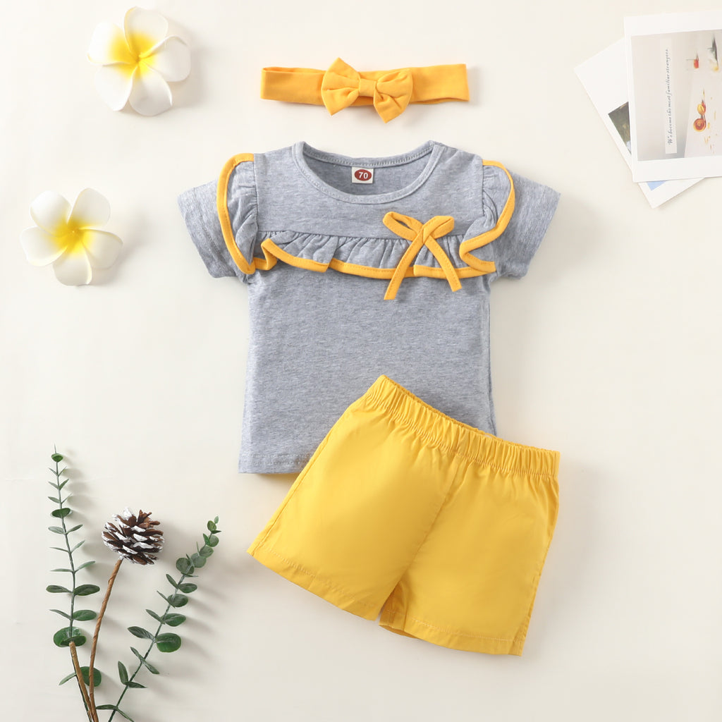 Toddler Girls Solid Colour Lapel Bow Tie Ruffle Patchwork Short Sleeve T-shirt and Shorts Set - PrettyKid