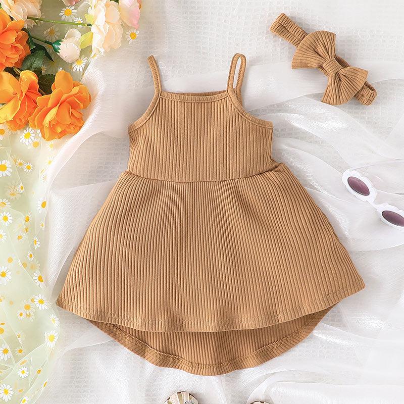 Summer Solid Color Suspender Dress+headband Two-piece Set - PrettyKid