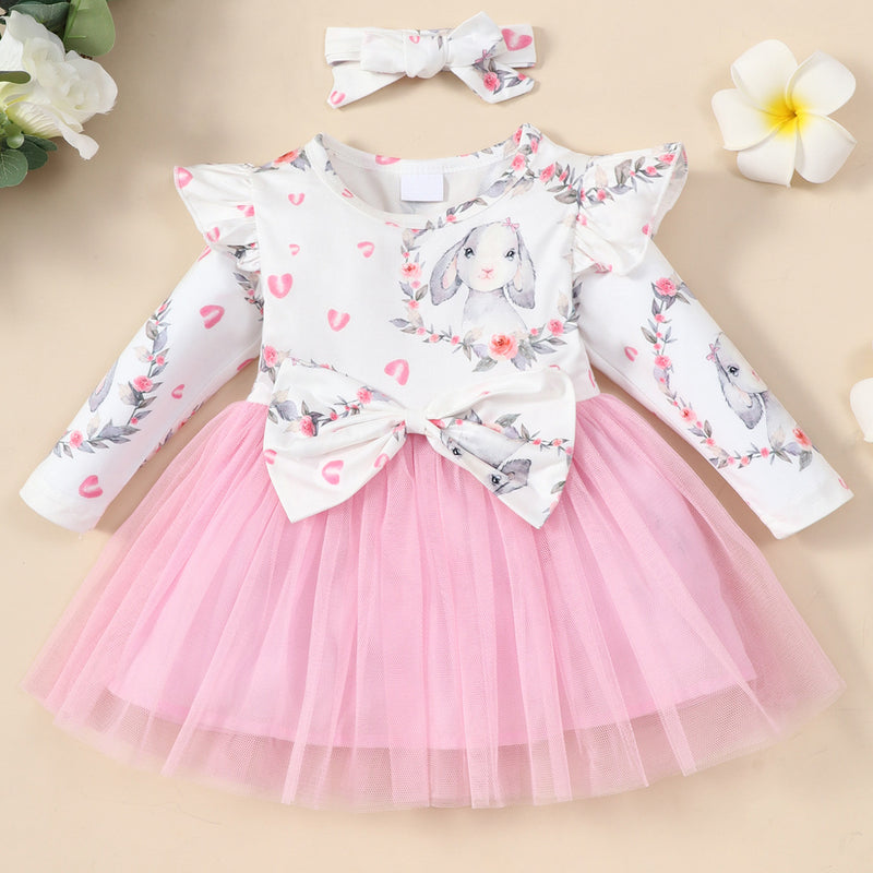Toddler Girls Lovely Rabbit Print Bow Long Sleeve Dress - PrettyKid