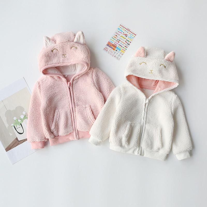 Toddler Girls Cute Lambswool Hooded and Padded Zipper Sweater - PrettyKid