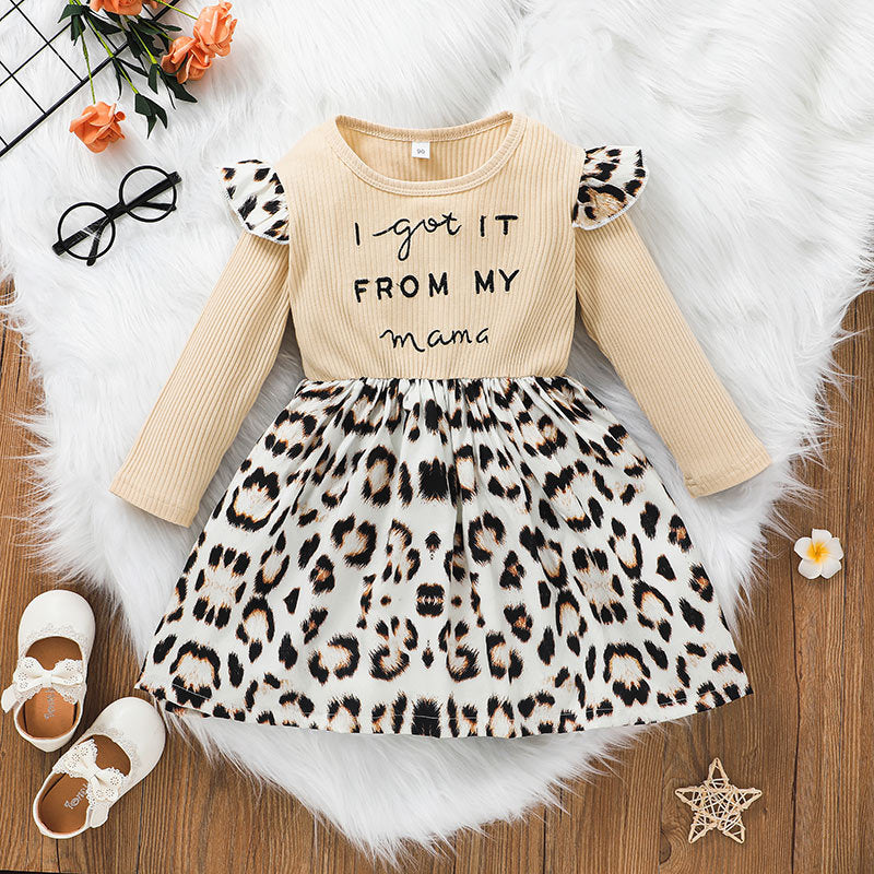 Toddler Kids Girl's Long Sleeves Letter Leopard Print Dress - PrettyKid