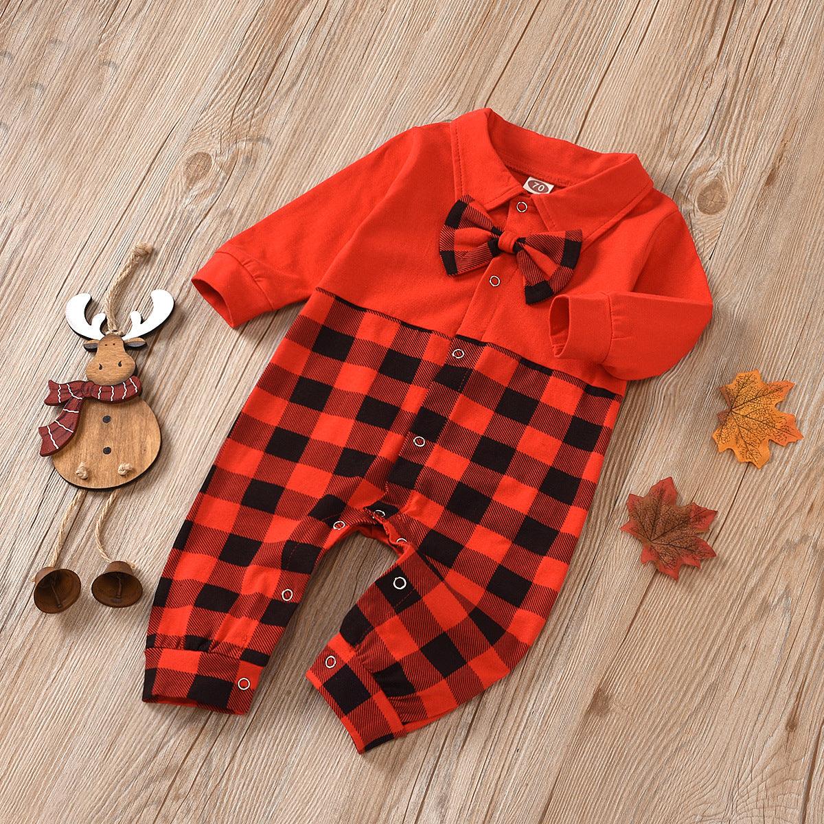 Toddler kids gentleman's bow tie Plaid long sleeve Jumpsuit baby creeper - PrettyKid