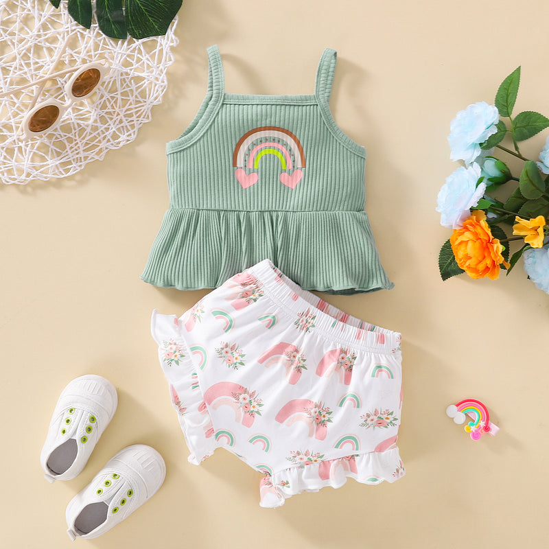 9M-3Y Toddler Girls Clothing Sets Rainbow Print Ribbed Cami Top & Shorts Bulk Baby Clothes Wholesale - PrettyKid