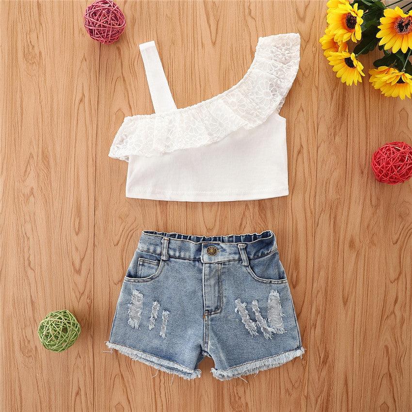 Toddler Kids Girls Irregular Suspender Top Denim Shorts Two Piece Set Wholesale Girls Boutique Clothing - PrettyKid