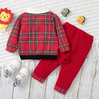 Toddler Kids Boys Fake Two Piece Bow Tie Plaid Print Top Red Gentleman Suit - PrettyKid