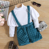 Toddler Kids Girls' Solid Color Long Sleeve Knitted Top Waffle Strap Shorts Set - PrettyKid