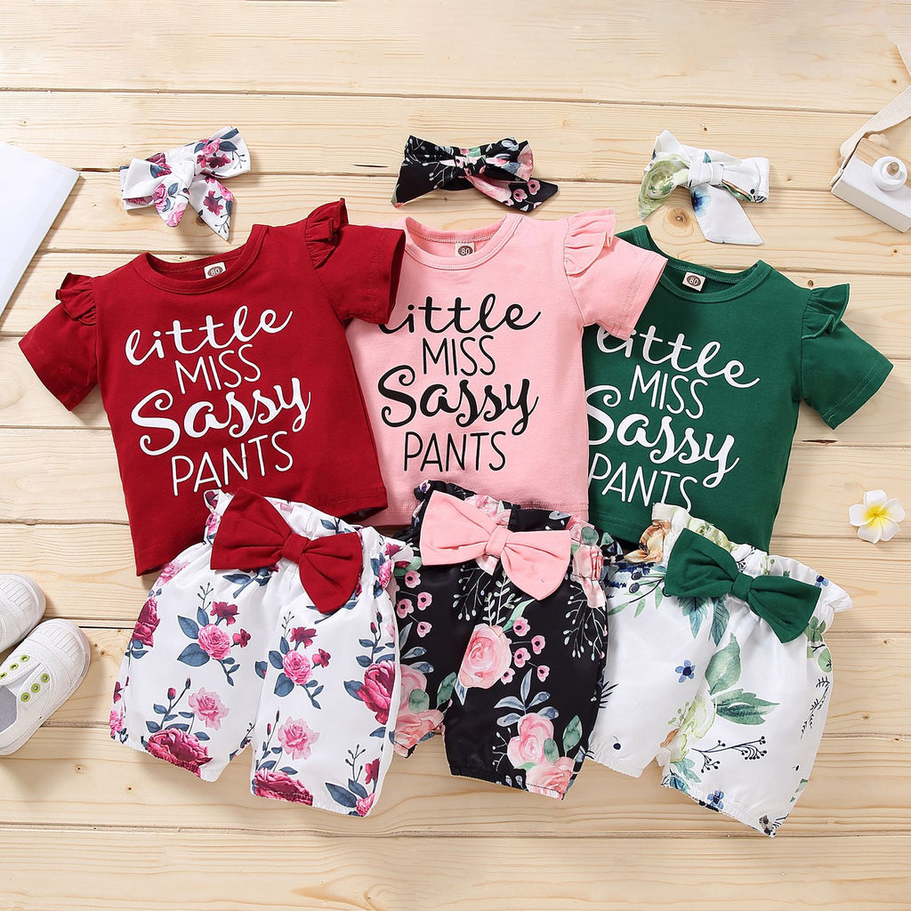 Little Girl Letter Printed Short Sleeve Top Bow Shorts 3pcs Set - PrettyKid