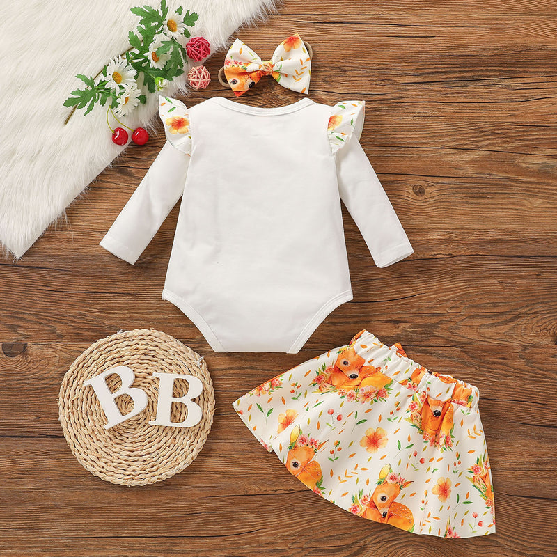 Baby Girls Solid Color Cute Deer Print Jumpsuit Skirt Set - PrettyKid