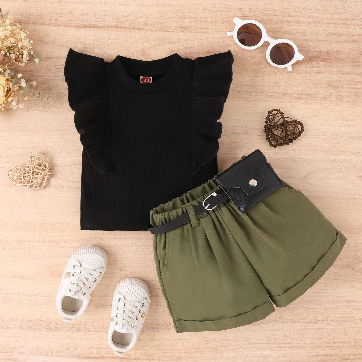 Spring and Summer Cotton Pit Strip Flying Sleeve Top Solid Color Shorts with Waist Bag Girls Suit