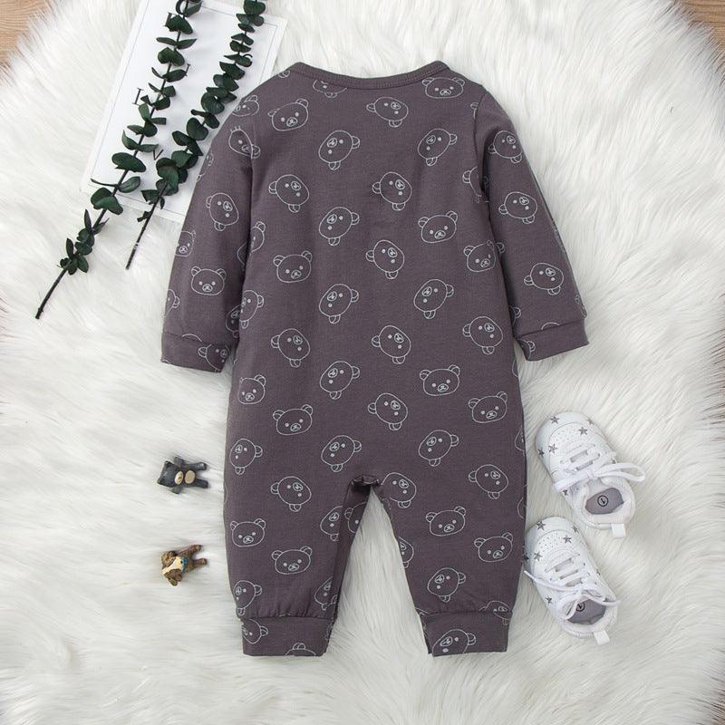 Baby Boys Grey Bow Neckline Long Sleeve Jumpsuit - PrettyKid