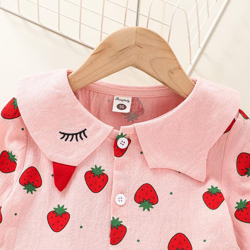 Toddler Kids Pink Strawberry Print Long Sleeve Dress - PrettyKid