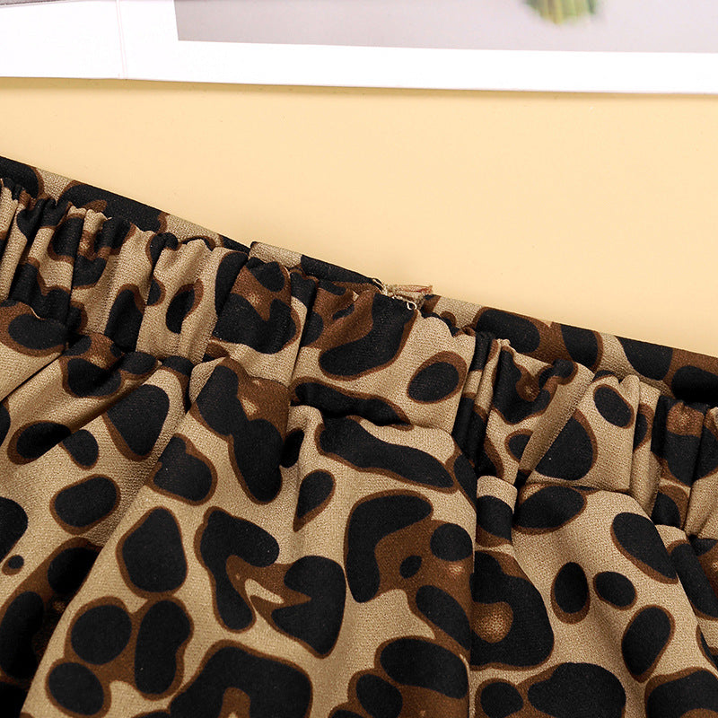 Toddler Kids Girls Solid Color Long Sleeve Top Leopard Print Skirt Set - PrettyKid