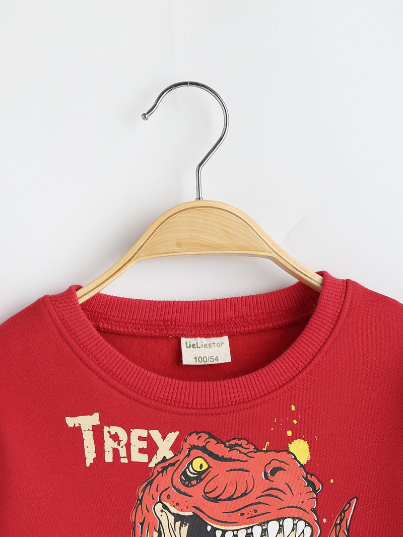Toddler Kids Boys Solid Color Cartoon Dinosaur Print Round Neck Long Sleeve Plush Sweater Bottomed Shirt - PrettyKid