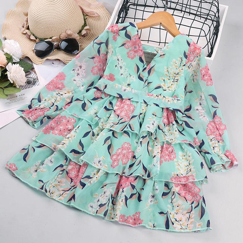 Toddler Kids Girls Flower Print V-Neck Long Sleeve Dress - PrettyKid