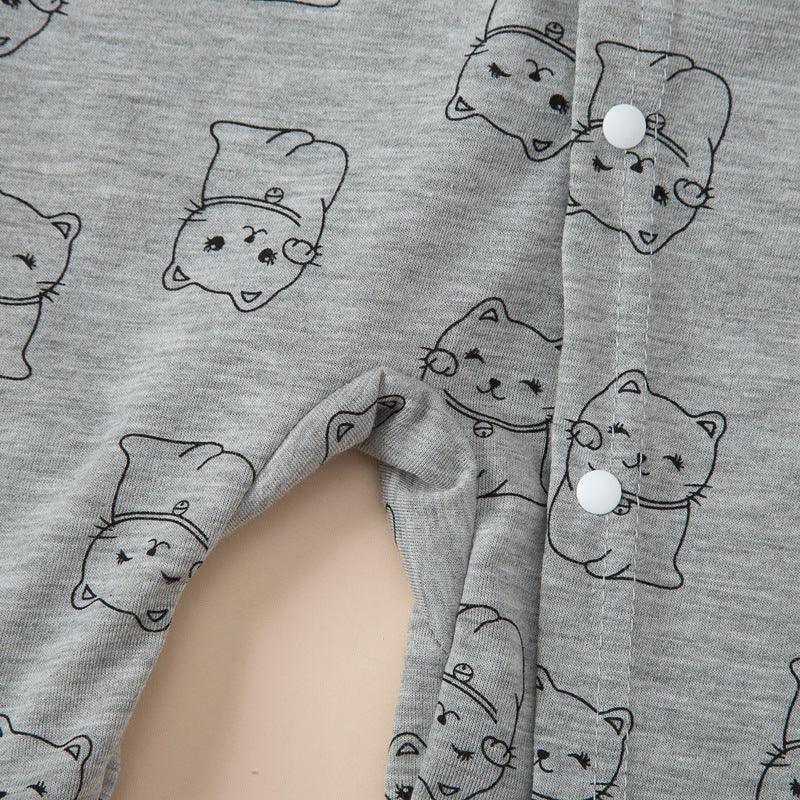 Baby Cartoon Fortune Cat Printed Slant Placket Foot Wrap Jumpsuit - PrettyKid