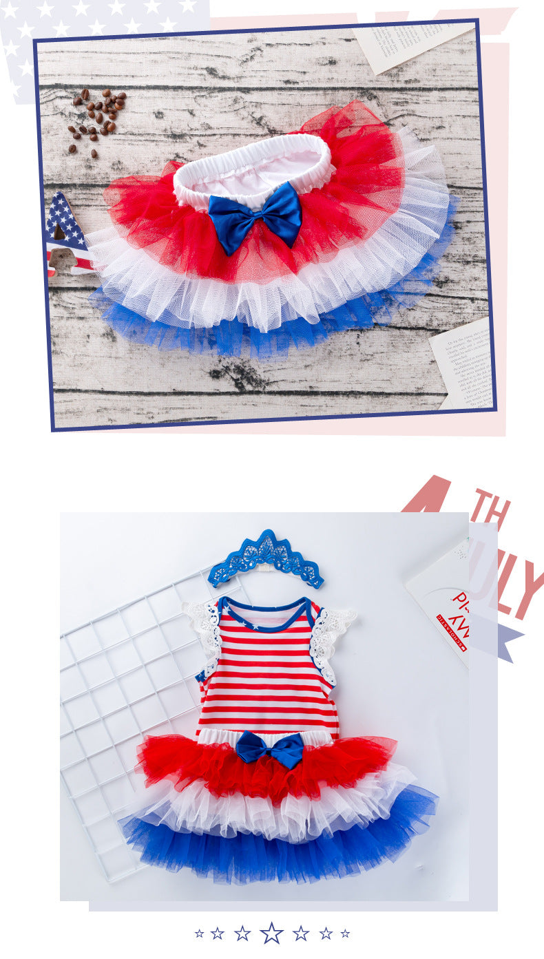 Children's Sets American Independence Day Sleeveless Harness Half Skirt Three Sets of Baby Crawling Clothes Colorful Princess Dress - PrettyKid