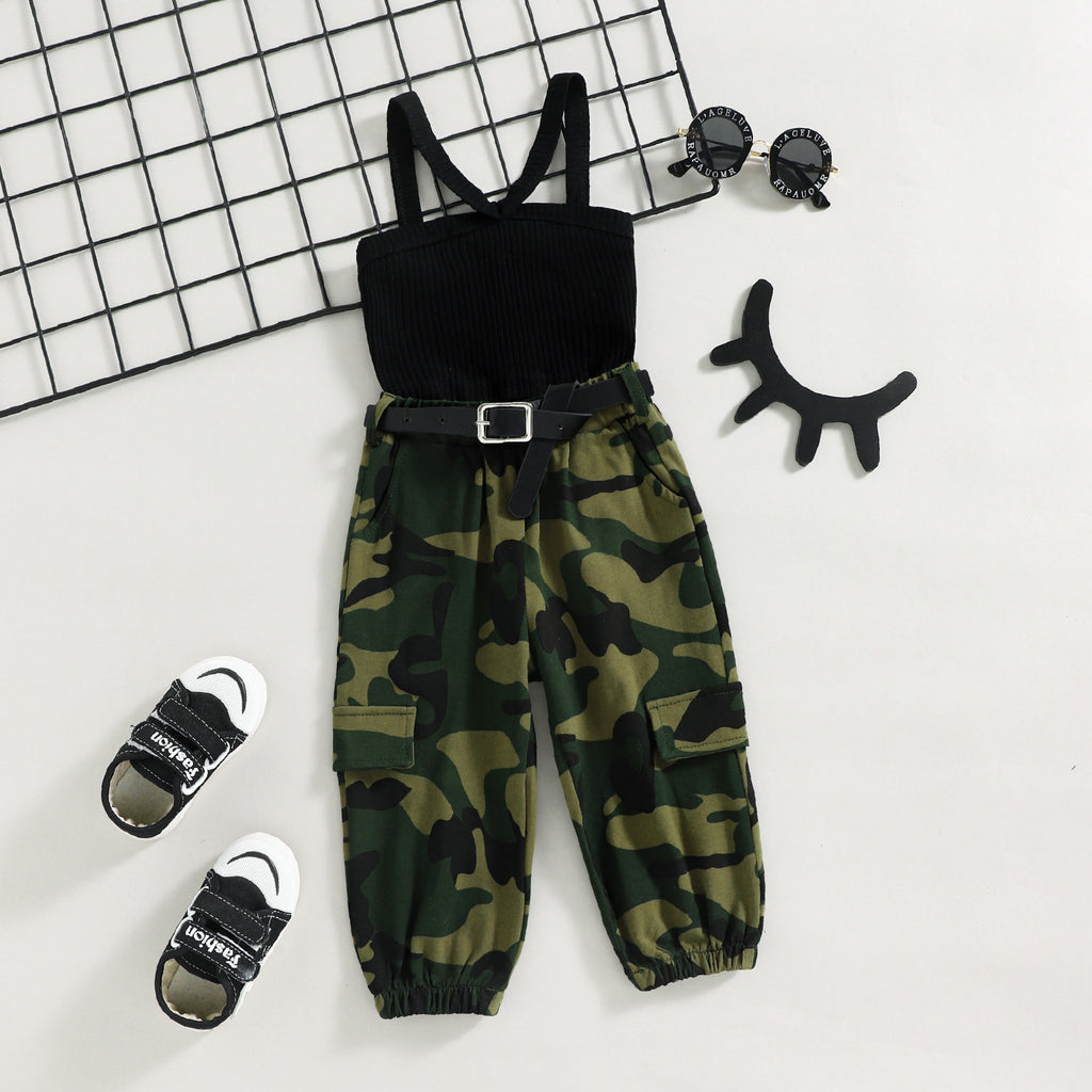 9M-4Y Toddler Girls Outfits Sets Sling Top And Camo Trousers Wholesale Little Girl Clothing - PrettyKid