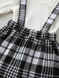 Baby Girls White Long Sleeved Jumpsuit Plaid Strap Skirt Set - PrettyKid