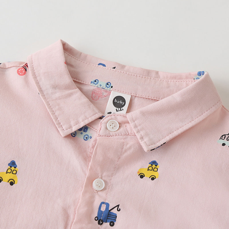 Toddler Kids Boys Pink Cartoon Car Print Long Sleeve Shirt - PrettyKid