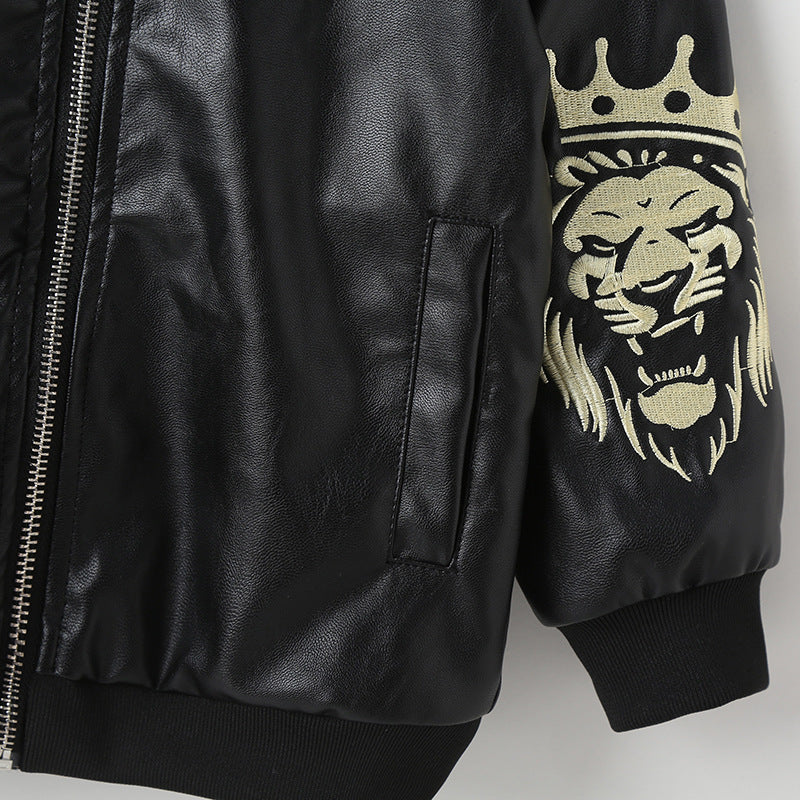 Toddler Kids Boys Solid Color Lion Print PU Leather Jacket Jacket - PrettyKid
