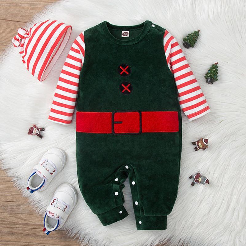 Baby Boys Solid Striped Fake Two Piece Velvet Jumpsuit Christmas Dress - PrettyKid