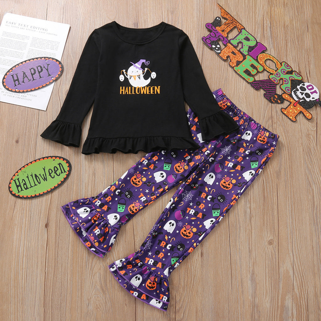 Toddler Kids Girls Cartoon Halloween Printed Long Sleeve Pants Two Piece Set Children Clothing Vendors - PrettyKid