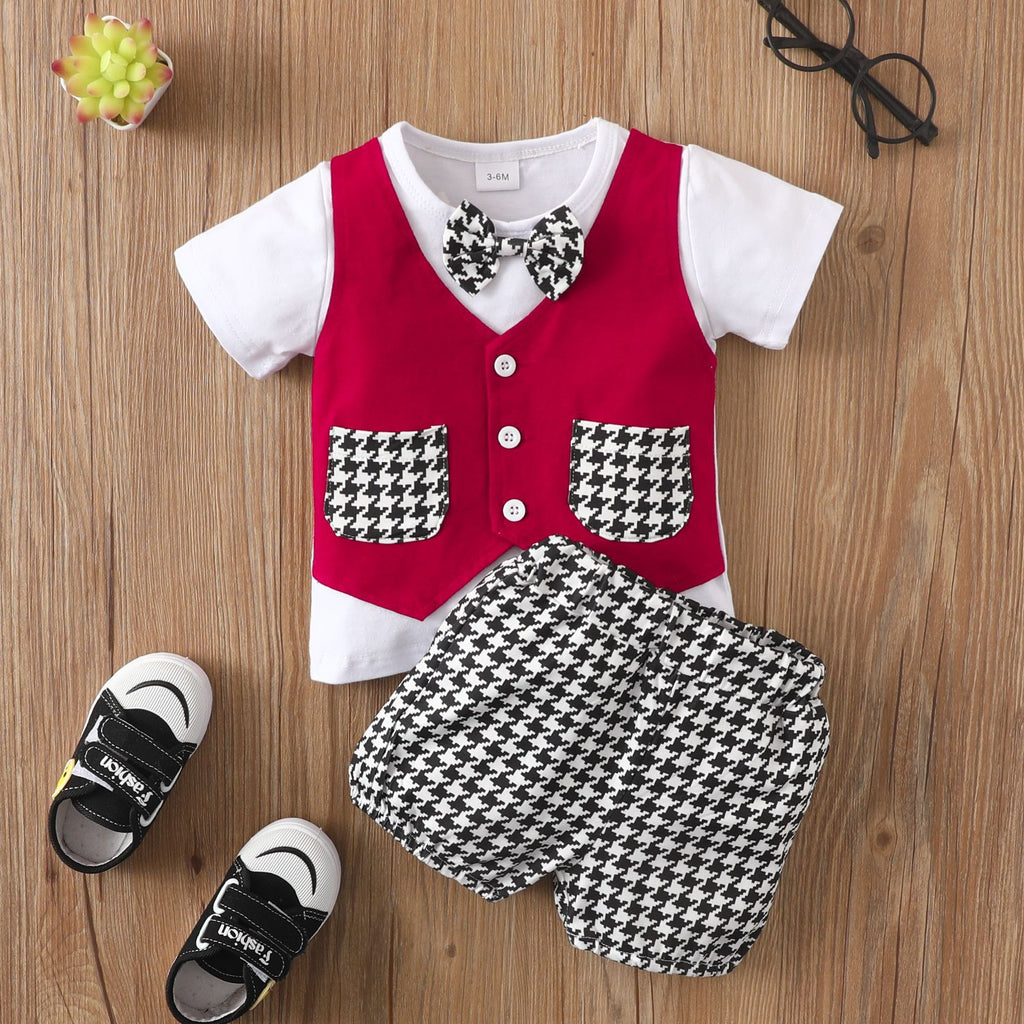 Toddler Boys Solid Color Short Sleeve Fake Two-piece Set Gentleman's Top Plaid Printed Shorts Set - PrettyKid