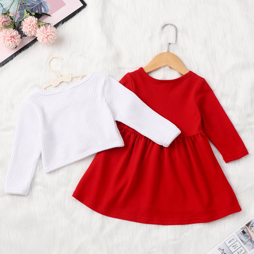 Toddler Girls Red Round Neck Dress Love Embroidery Cardigan Jacket Valentine's Day Suit - PrettyKid
