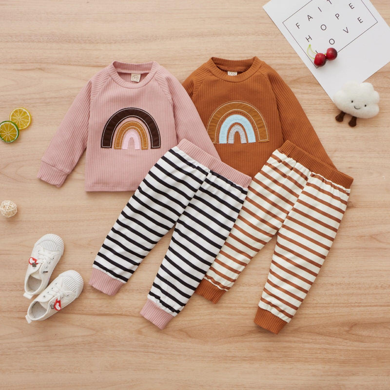 Toddler Girls Sports Pullover Rainbow Sweater Pants Set - PrettyKid